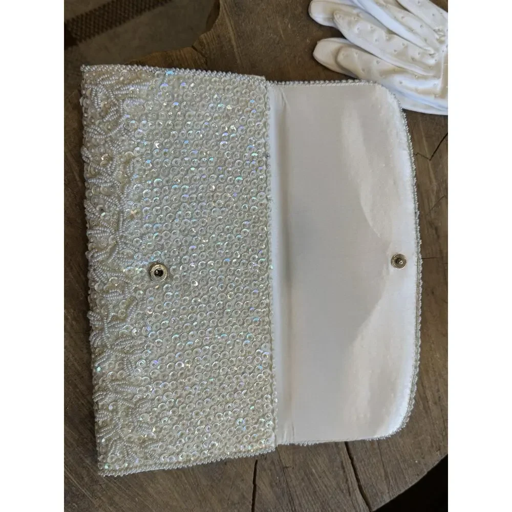 Vtg Weinstock-Hale Beaded Envelope Clutch Seed Beads Gloves White Bridal Evening